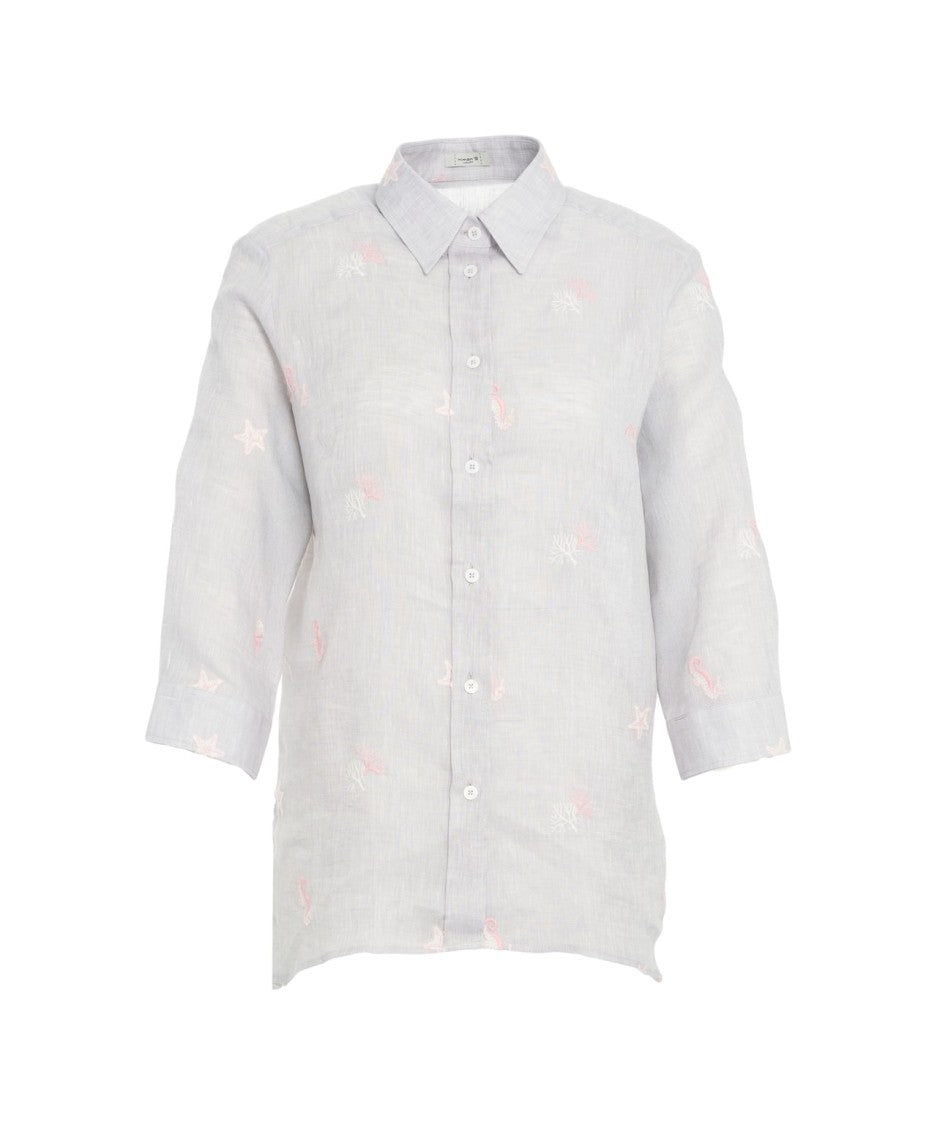 Himons Grey Linen Blouse With Embroidery