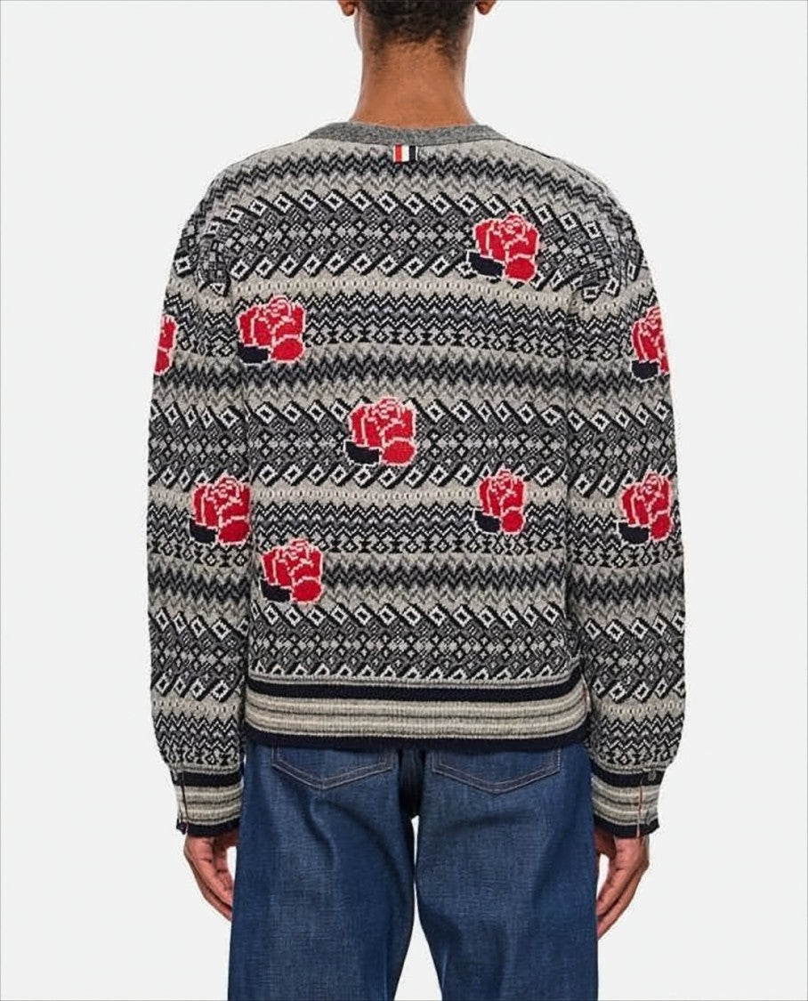 Thom Browne Classic V-Neck Cardigan With Rose And Bird Motif
