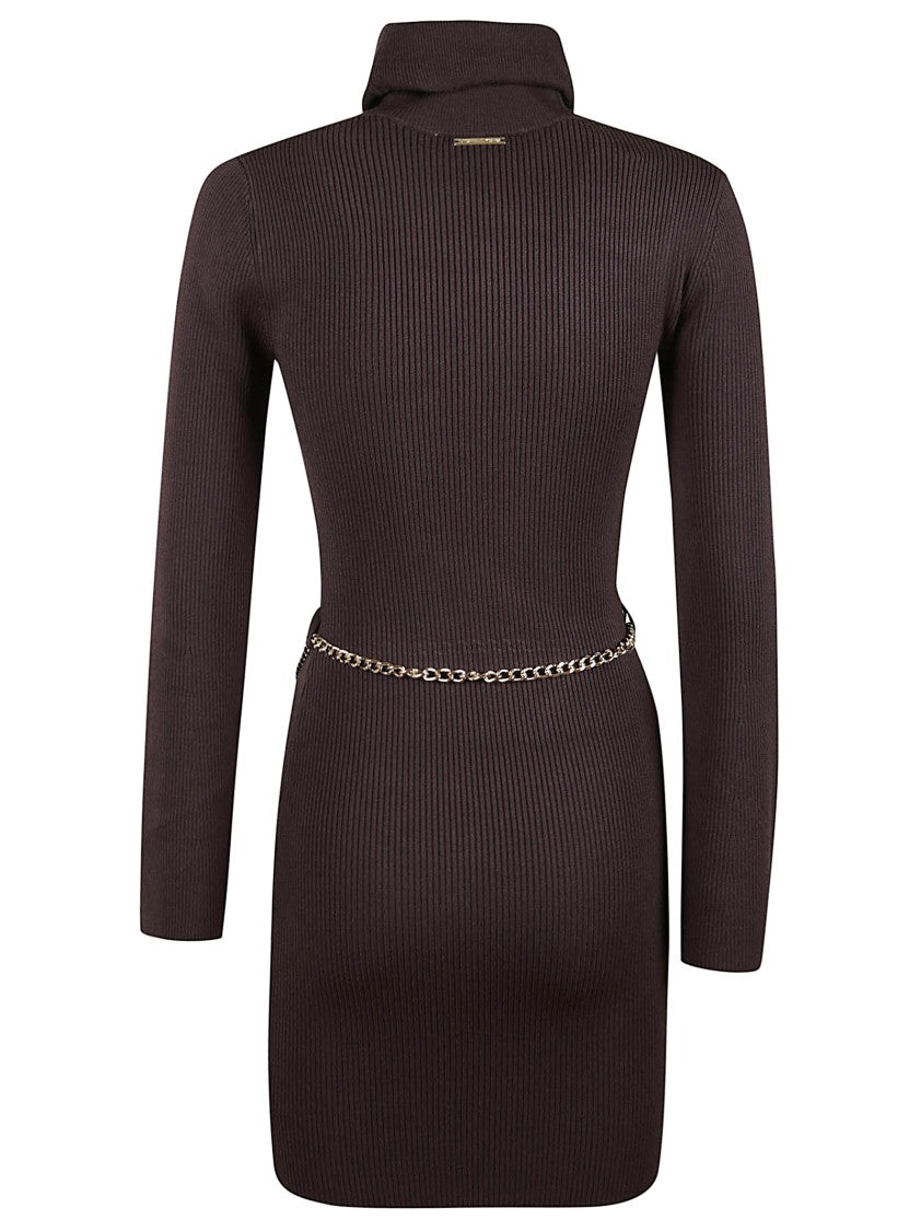 Michael Kors Chocolate Ribbed Jersey Mini Dress With High Neck