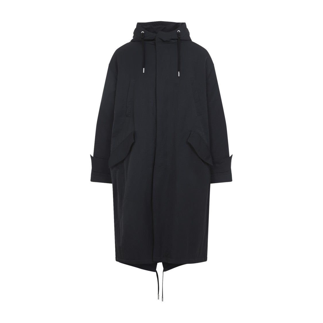 Ami Long Grey Polyamide Jacket With Adjustable Hood And Flap Pockets