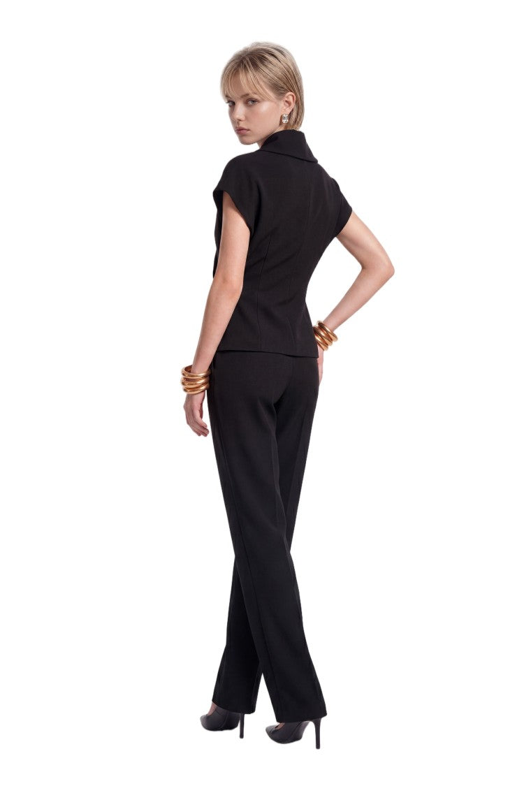 Saiid Kobeisy Jet Black Gabardine Satin Wrap-Style Top With Shawl Collar And Floral Brooch