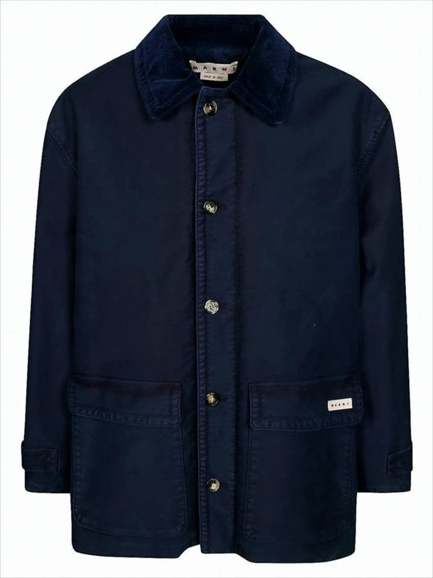 Marni Navy Blue Cotton Jacket With Classic Collar And Utility Pockets