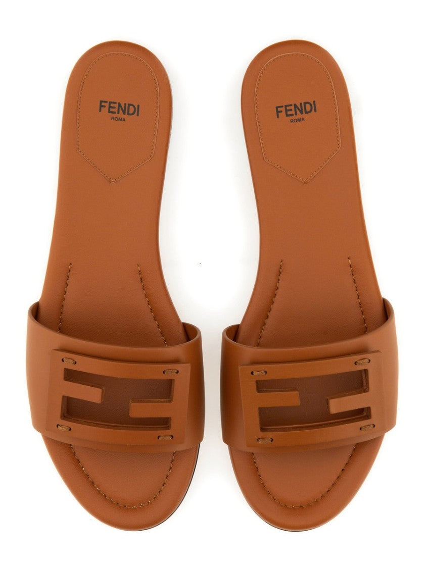 Fendi Flat Cut-Out Logo Leather Slide Sandals
