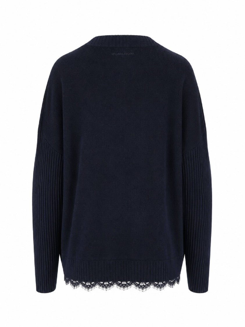 Ermanno Scervino Black Lace Trim Relaxed Knit Sweater