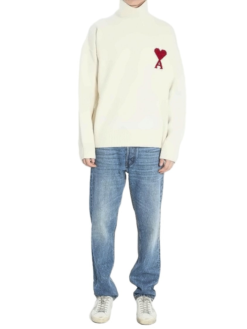 Ami Paris White Wool Turtleneck Sweater With Heart Emblem