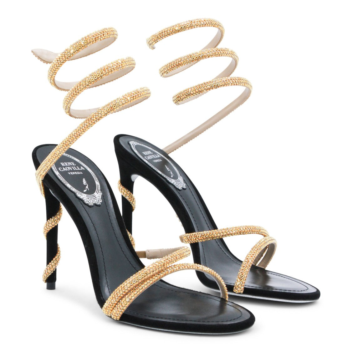 René Caovilla Black And Gold Leather Sandals