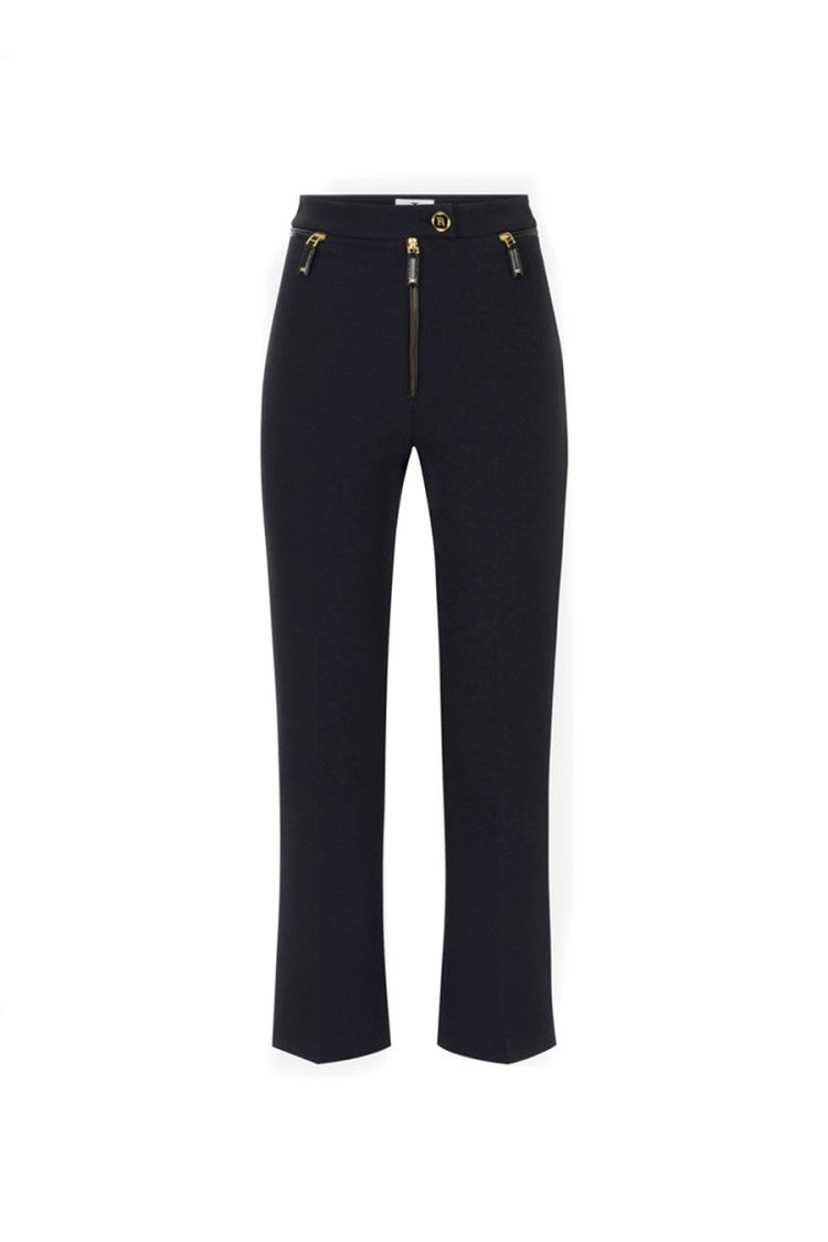 Elisabetta Franchi Black Logo Button Flap Pocket Polyester-Blend Cropped Pants