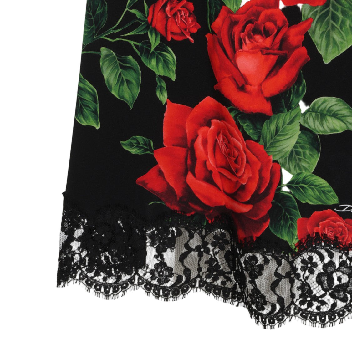 Dolce & Gabbana Black Floral Print Lace Trim Midi Skirt