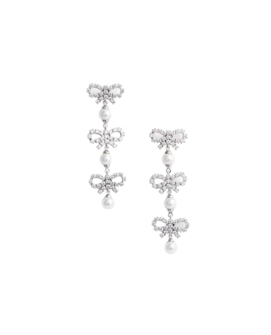 Self-Portrait Micro Bow Pearl Tiered Drop Earrings With Crystal Accents