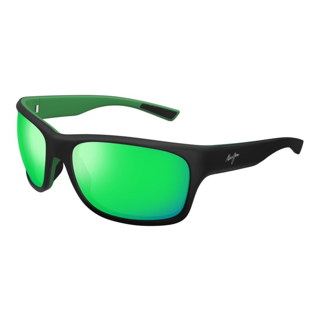 Maui Jim Ano Nui Matte Black Rectangular Sunglasses With Green Mirrored Lenses