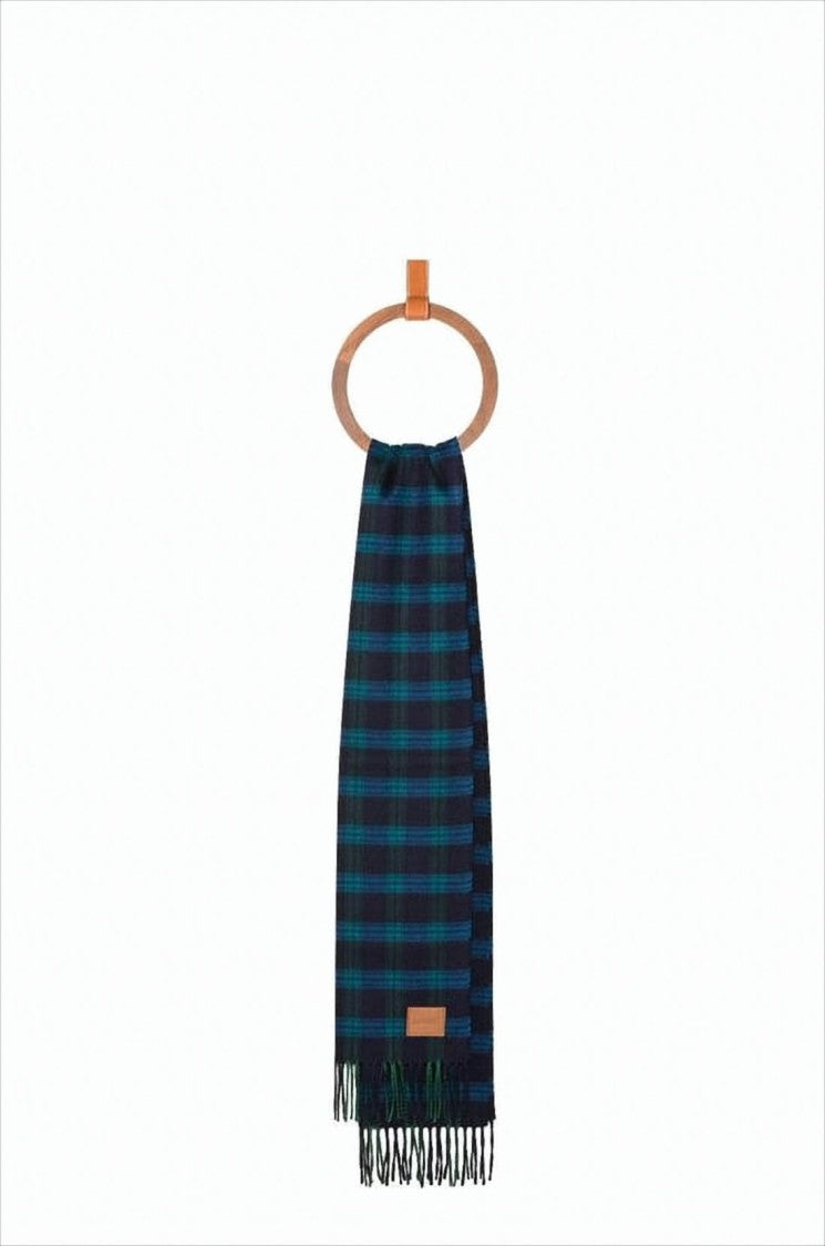 Loewe Tartan Plaid Silk-Cashmere Scarf With Fringed Edges