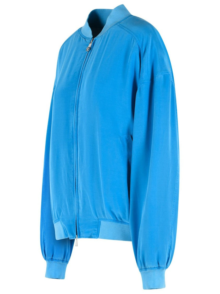 Versace Blouson With Zip In Light Blue Silk Poplin