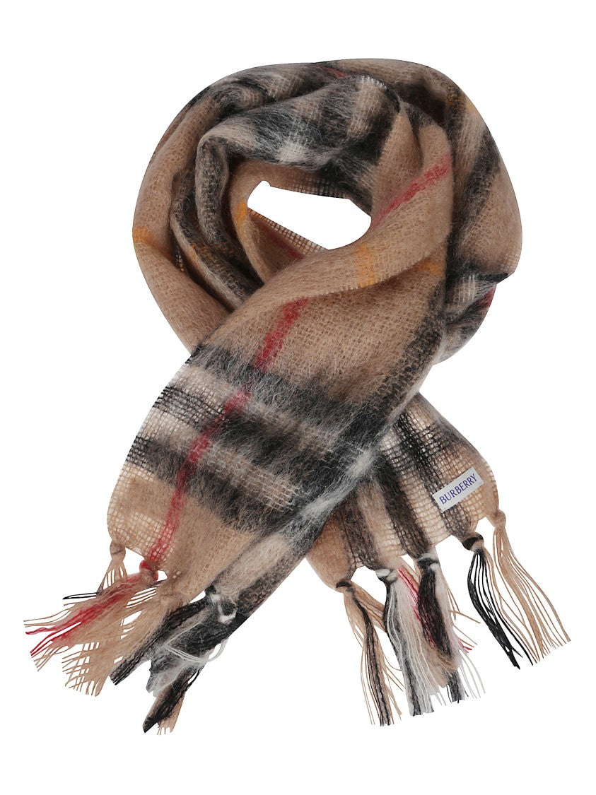 Burberry Beige Checked Pattern Scarf With Fringed Edges