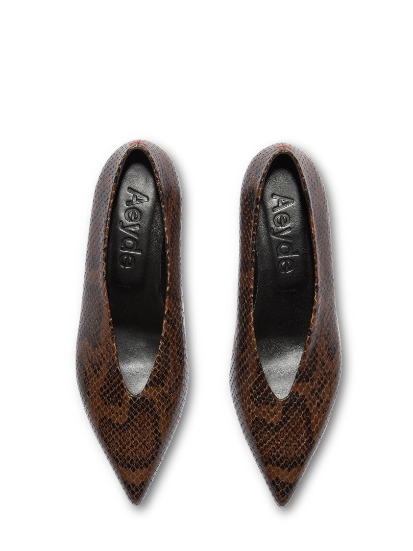 Aeydē Pointed-Toe Sandals In Brown Snake Print Calf Leather