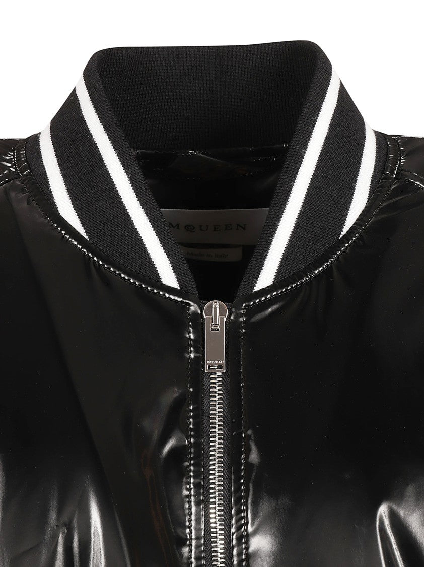 Alexander Mcqueen Glossy Black Bomber Jacket With Contrasting Stripes