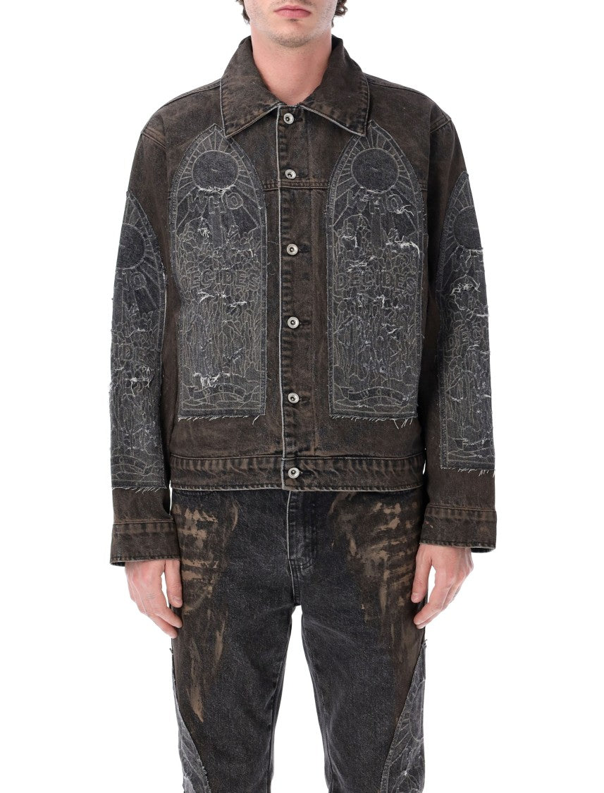 Who Decides War Mechanic Distressed Graphic Trucker Jacket