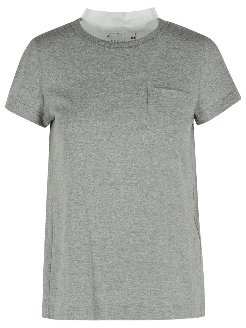 Sacai Ribbed Gray Cotton T-Shirt With Pleated Back Insert