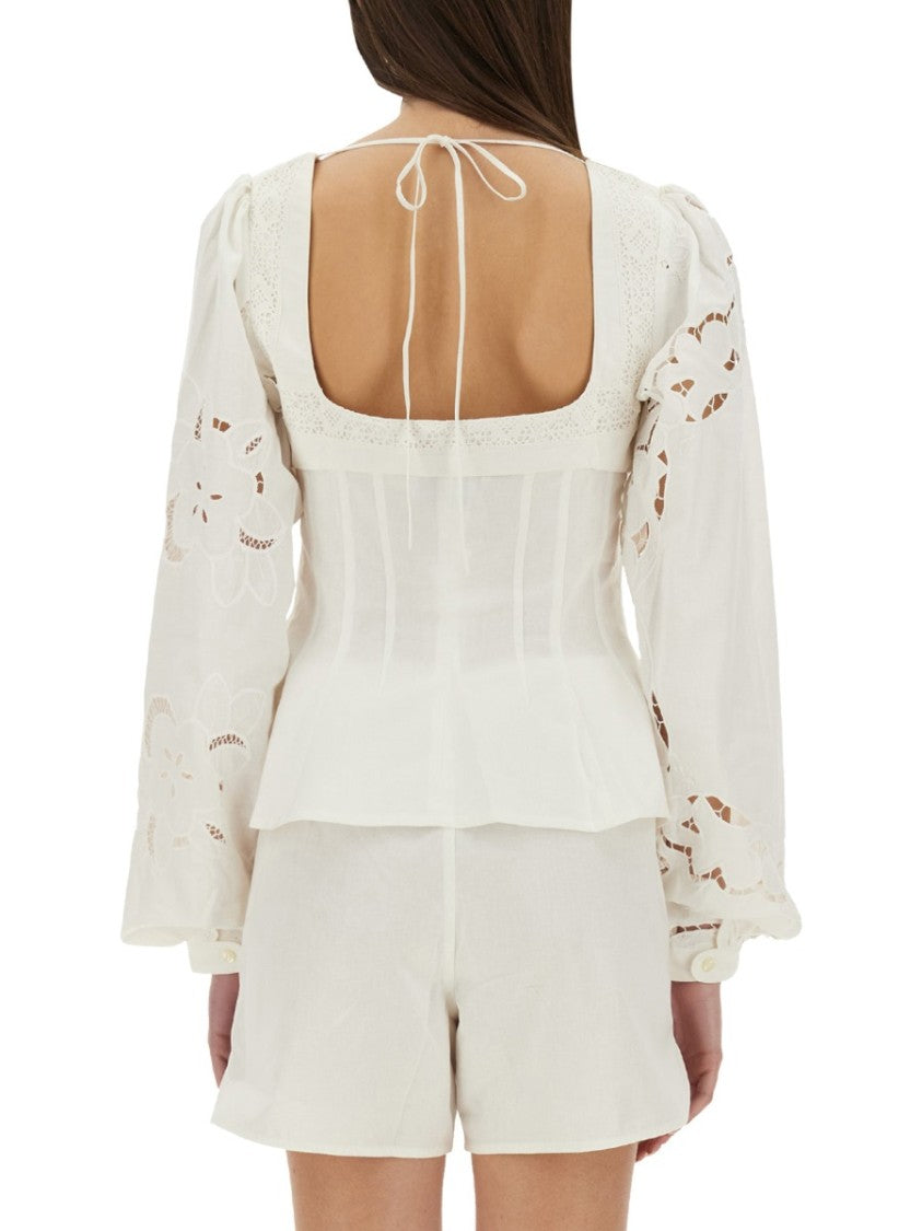 Marine Serre Fitted White Top With Square Neckline And Floral Embroidery