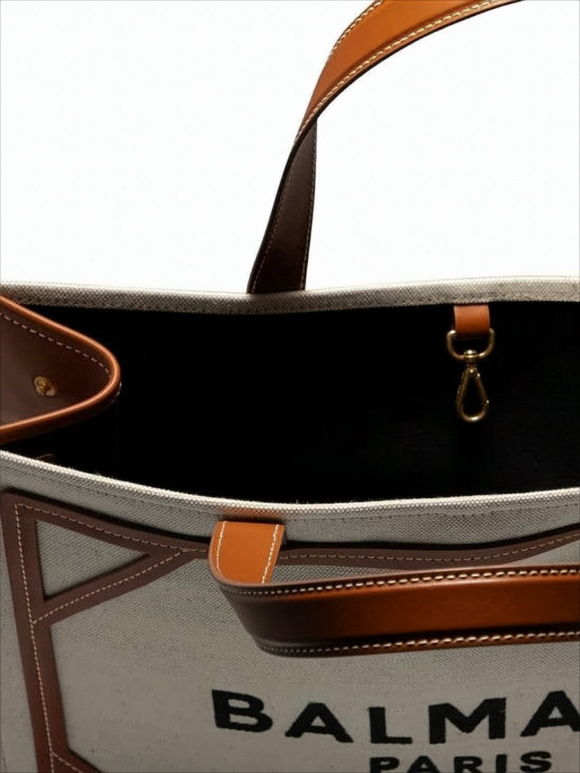Balmain Structured Canvas Tote With Leather Trim