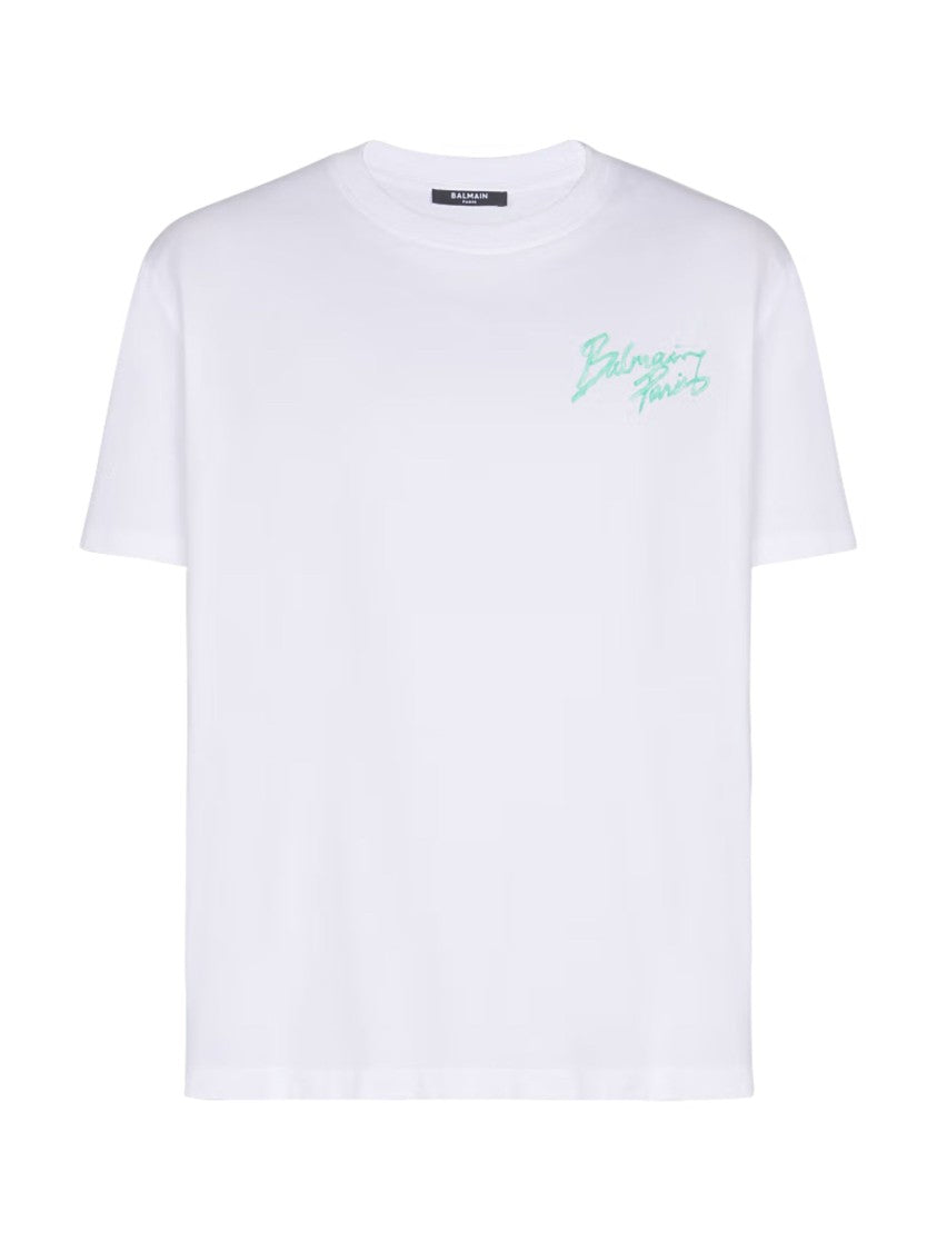 Balmain White Brush Logo Cotton T-Shirt