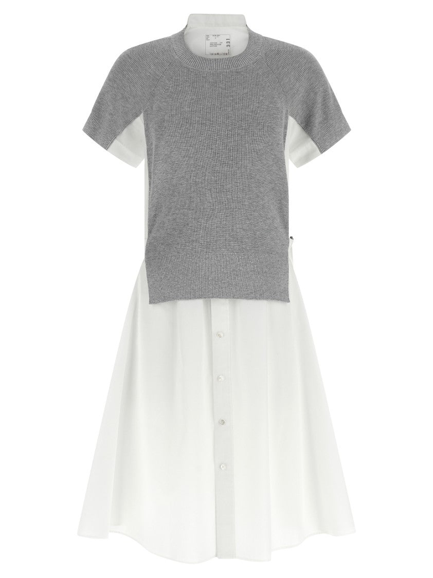 Sacai Layered Midi Dress With Flared Cotton Poplin Skirt