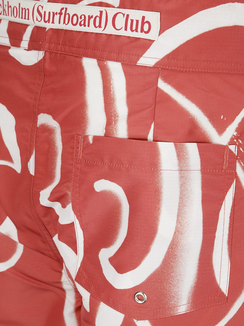 Stockholm Surfboard Club Abstract Print Red Shorts