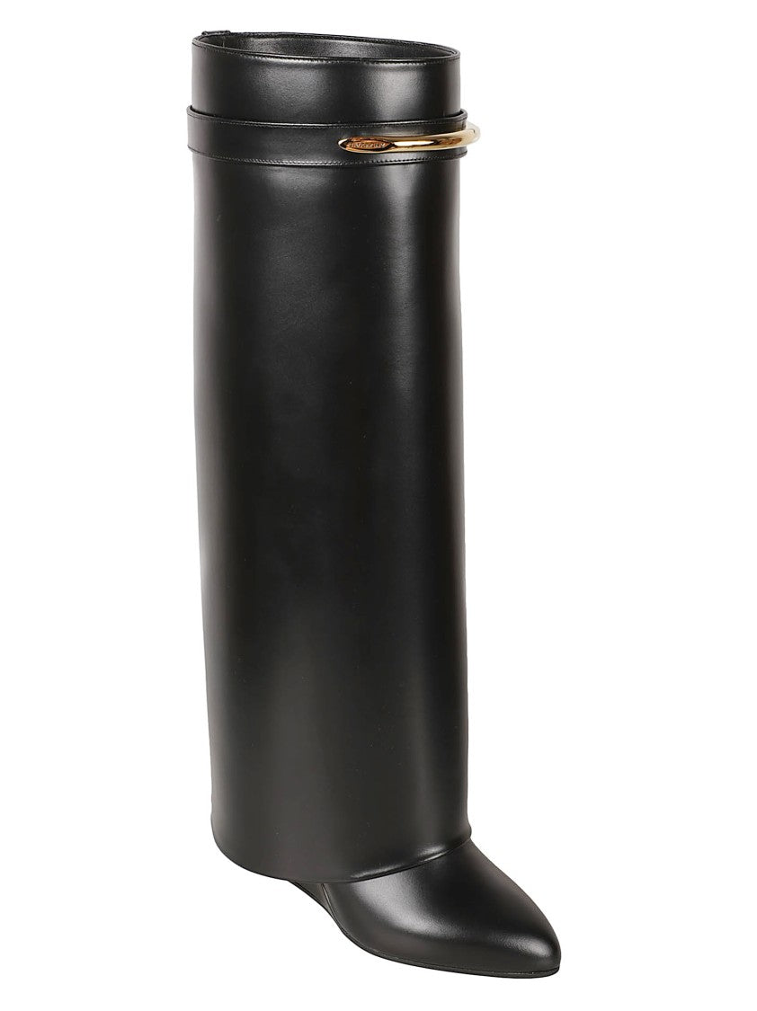 Givenchy Structured Black Calf Leather Boots With Gold Accent