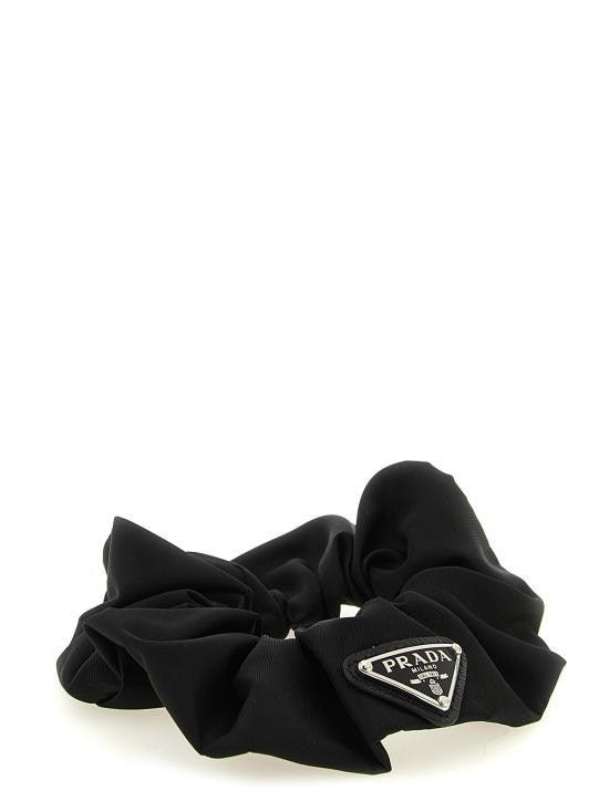 Prada Gathered Fabric Black Scrunchie With Logo Detail