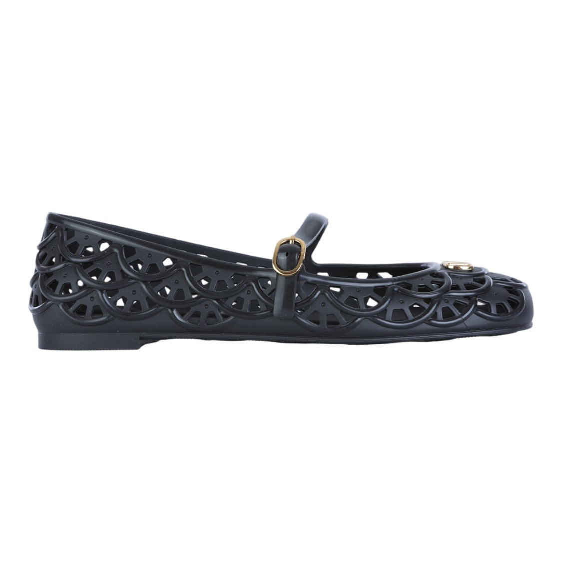 Valentino Garavani Matte Finish Black Flats With Scalloped Cut-Out Design