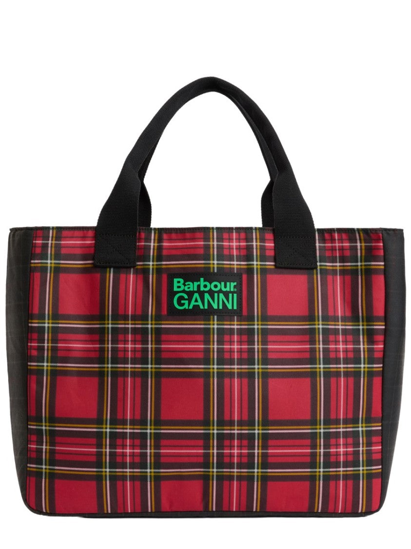 Barbour X Ganni Red Tartan Plaid Pattern Waxed Cotton Tote Bag