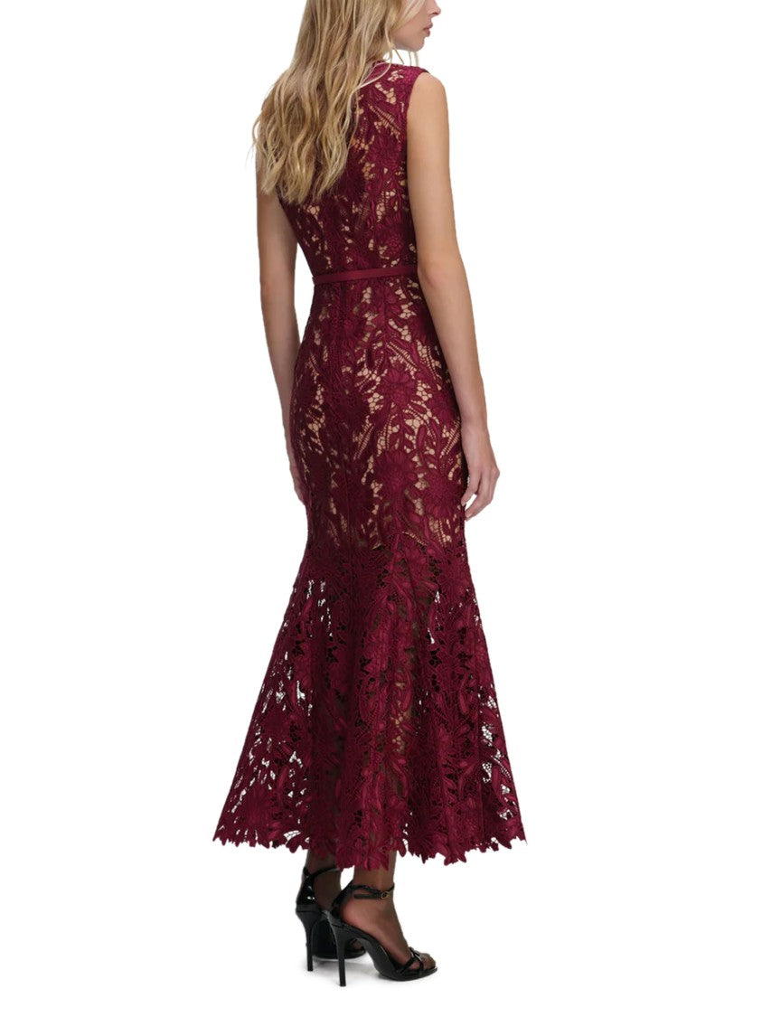 Self-Portrait Burgundy Guipure Lace Midi Dress With Defined Waist
