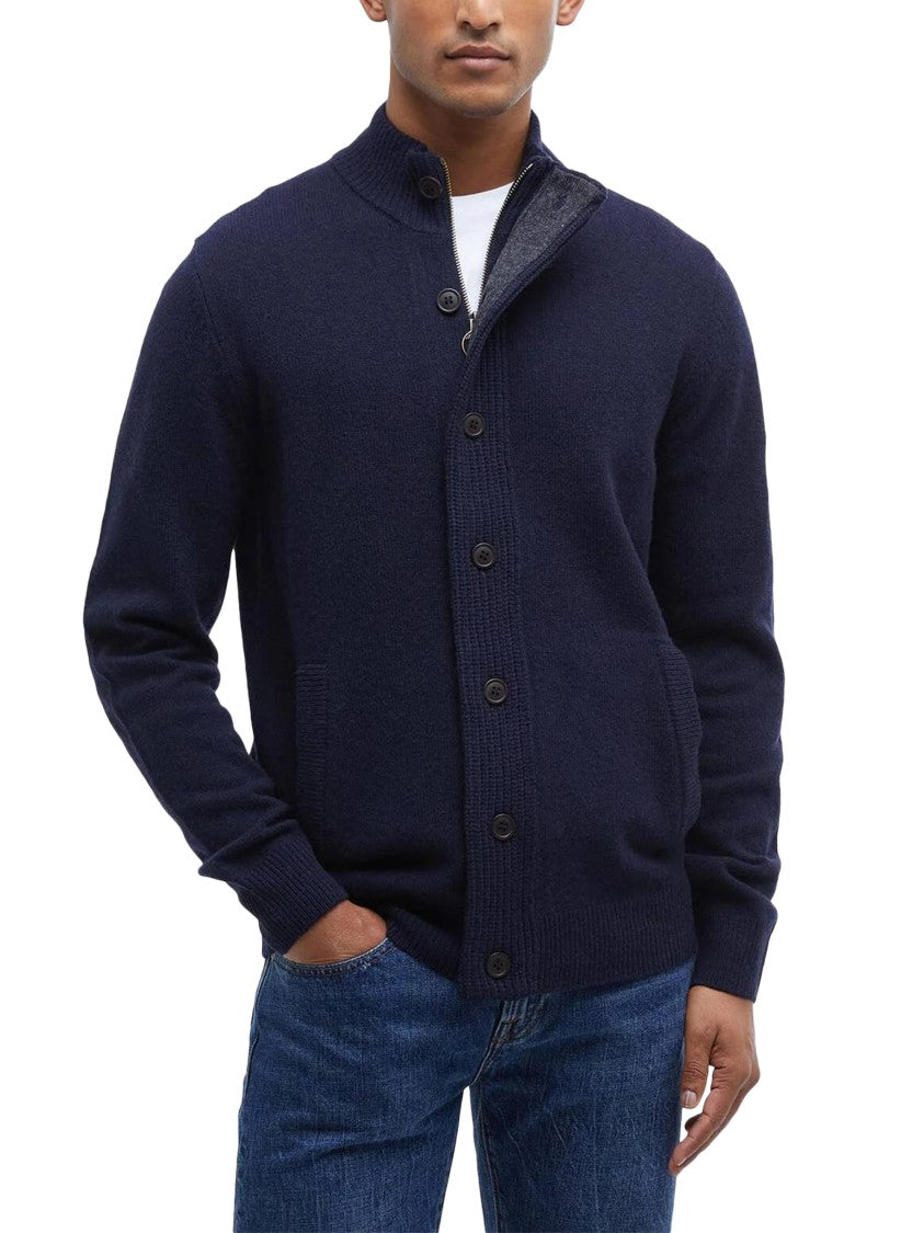 Barbour Navy Wool High Collar Ribbed Zip-Through Knit