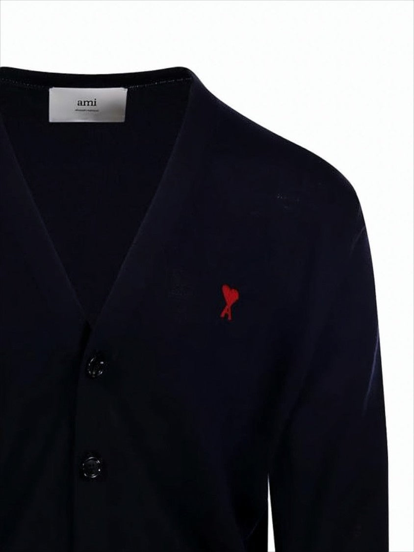 Ami V-Neck Black Merino Wool Cardigan With Signature Logo