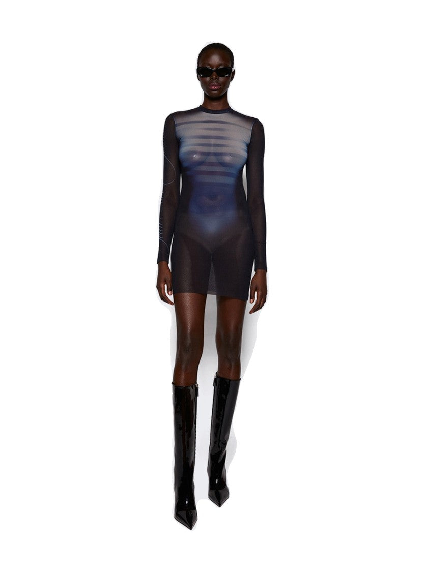 Jean Paul Gaultier Le Male Printed Mesh Crew Neck Short Dress Navy