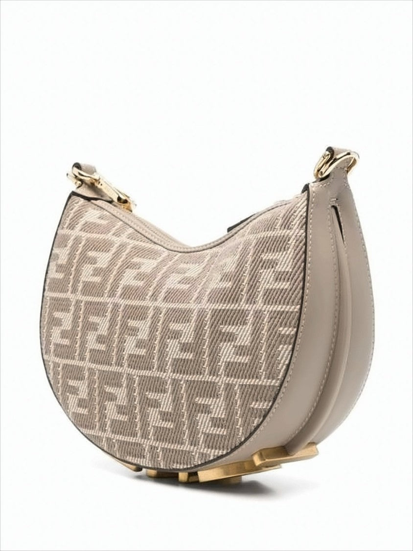 Fendi Crescent-Shaped Monogram Shoulder Bag With Leather Trim And Gold Hardware