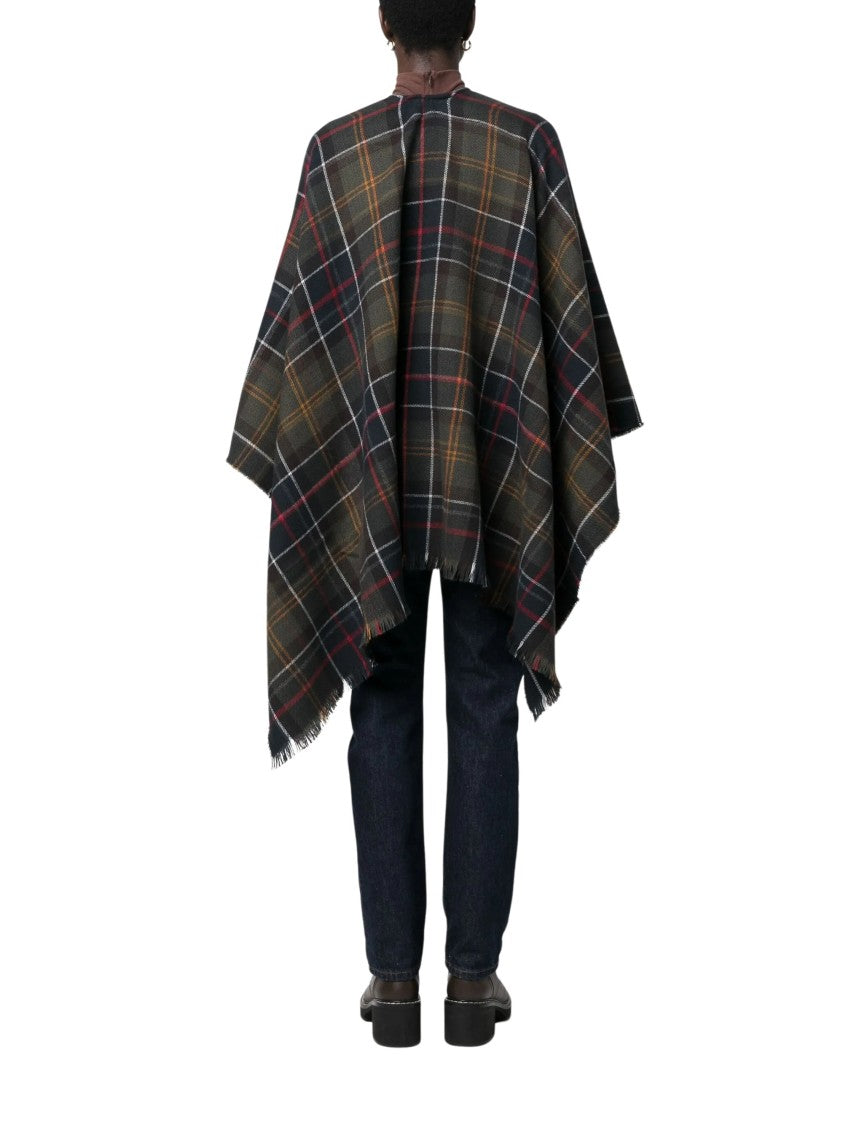 Barbour Plaid Tartan Poncho With Fringed Edges And Draped Silhouette