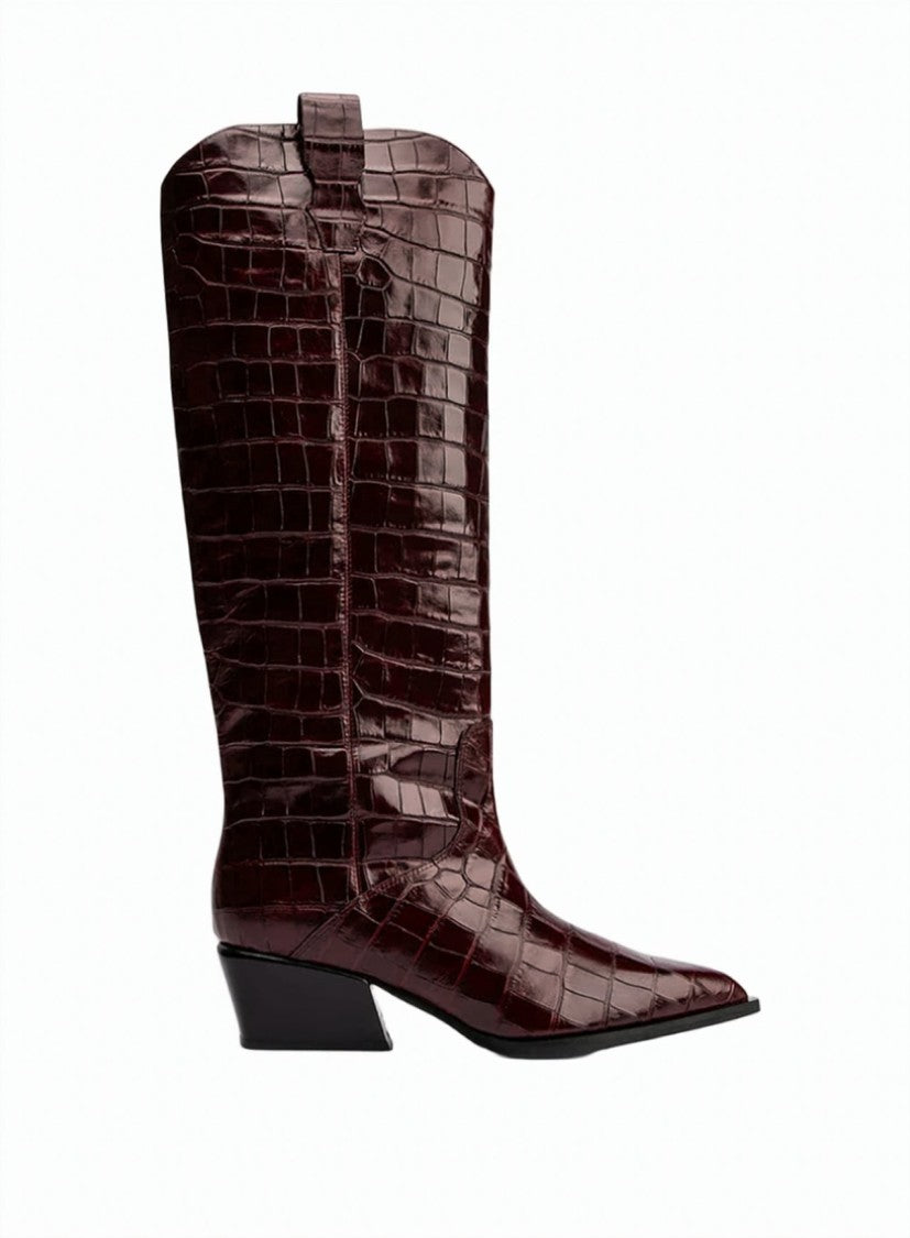 Poeve Crocodile-Embossed Calfskin Flared Block Heel Tall Boots