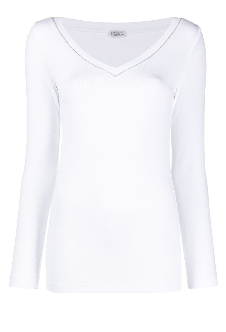 Brunello Cucinelli White Cotton Blend V-Neck Long Sleeve Knitwear
