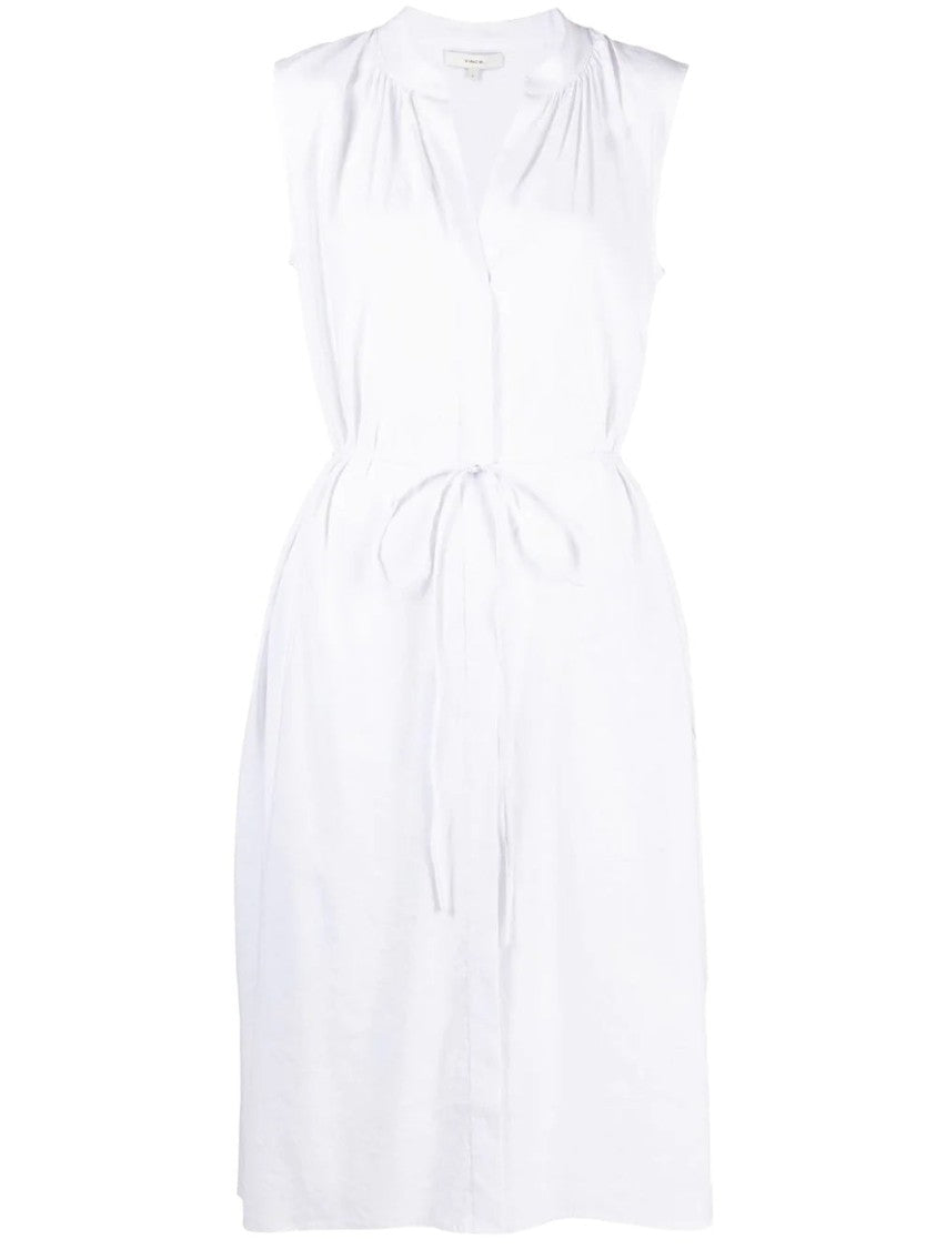 Vince Linen Blend Midi Dress With Shirred Band Collar And Tie Waist