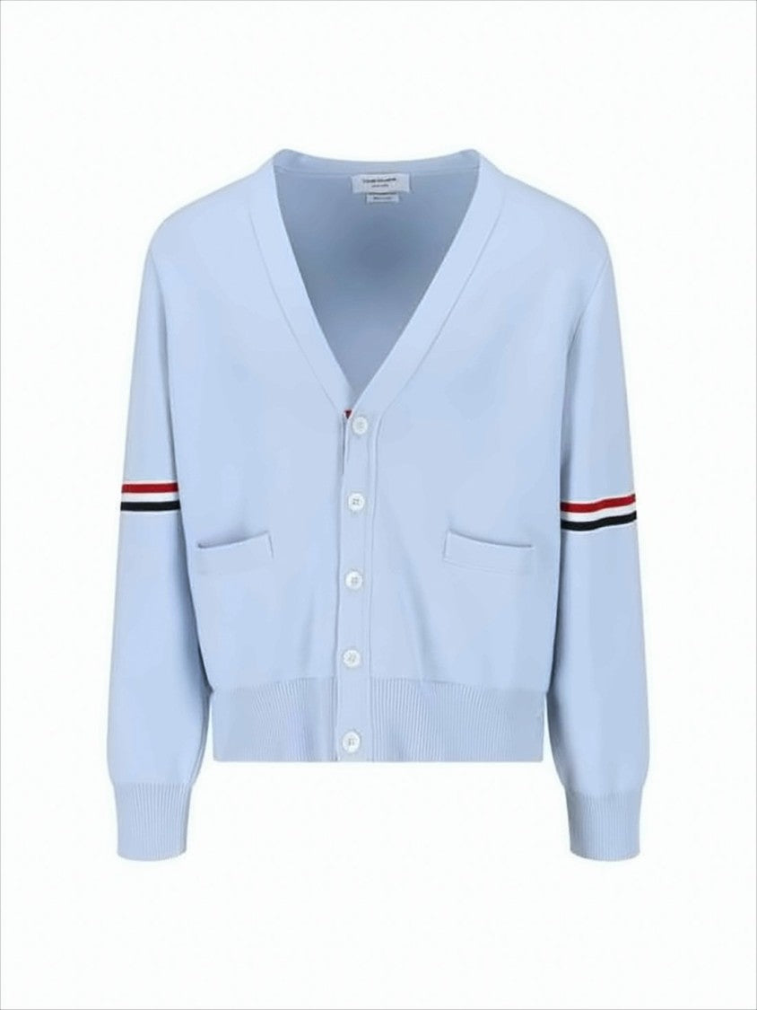 Thom Browne Light Blue Cotton Cardigan With Button-Down Front And Striped Accents