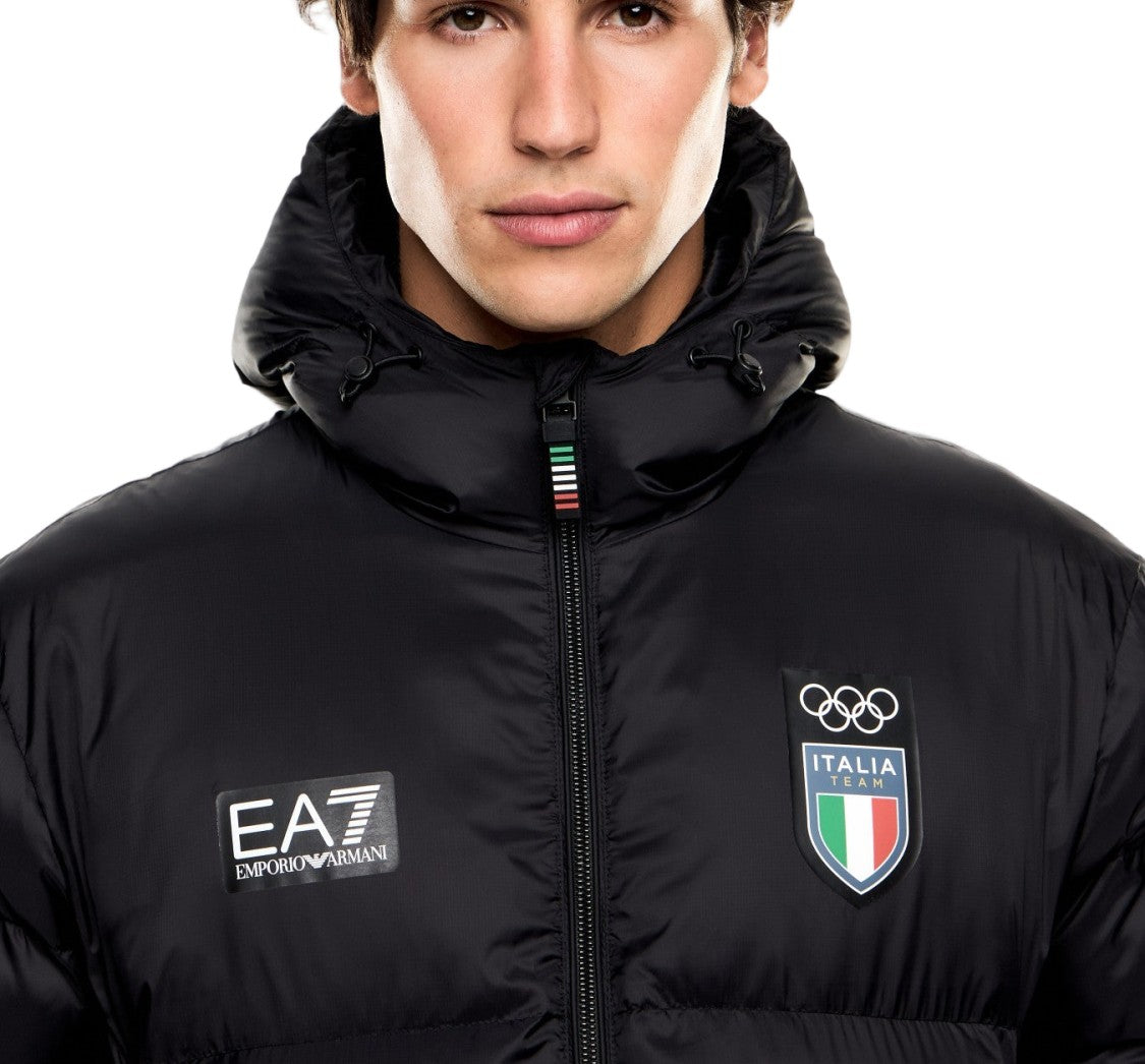 Ea7 Emporio Armani Italia-Emblazoned Black Bomber Jacket With Stand-Up Collar