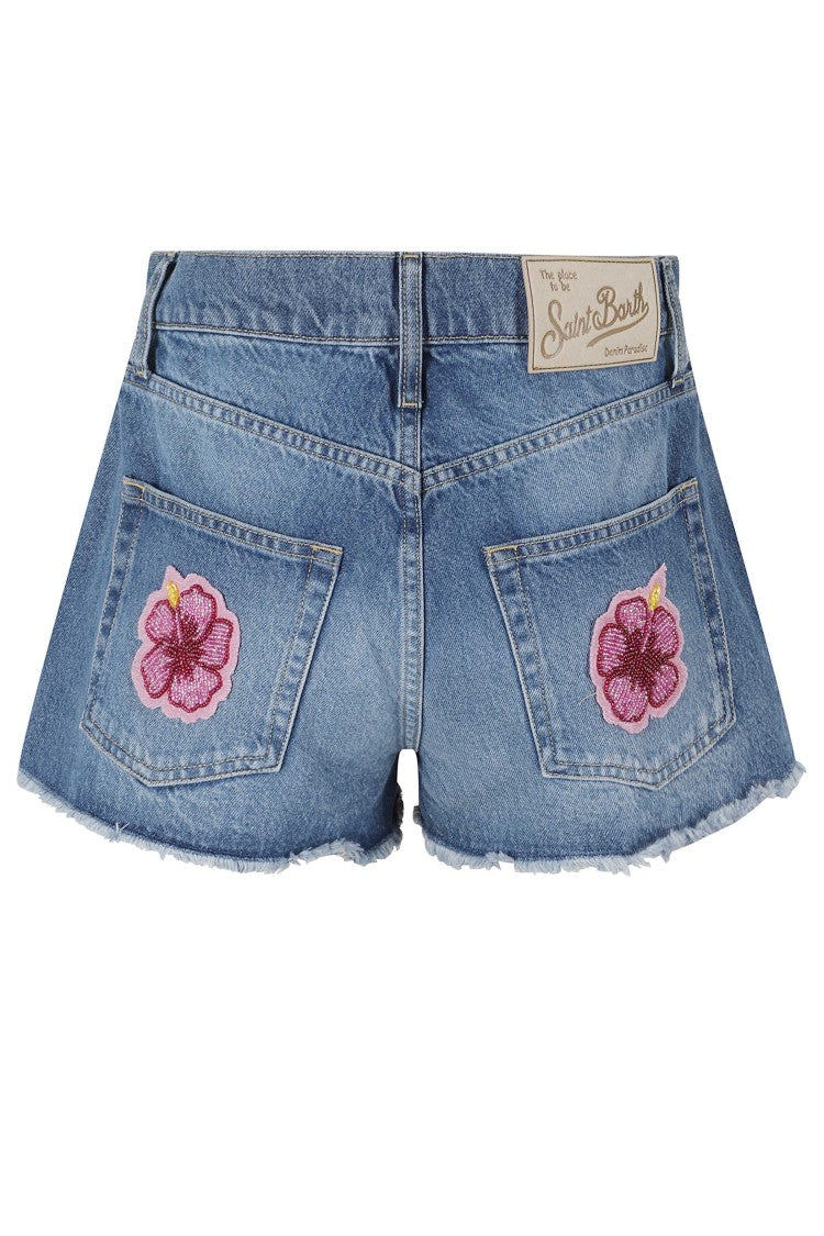 Mc2 Saint Barth Blue Musa Beaded Embroidered Cotton Denim Shorts