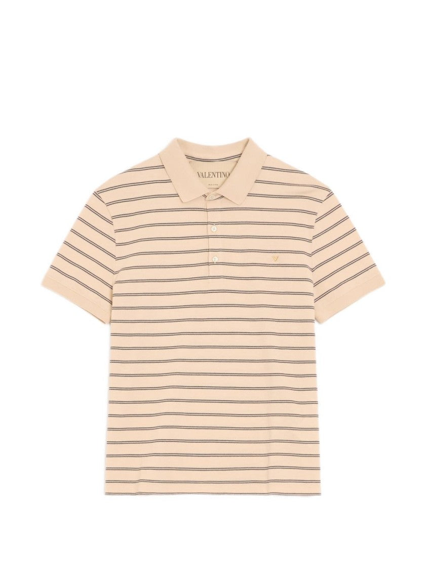 Valentino Garavani Beige Cotton Pique Navy Stripe Polo Shirt