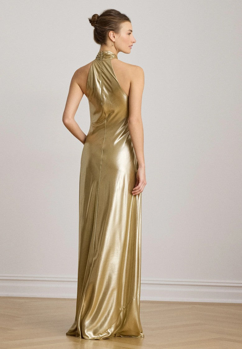 Lauren Ralph Lauren Metallic Gold Halter Keyhole Maxi Dress