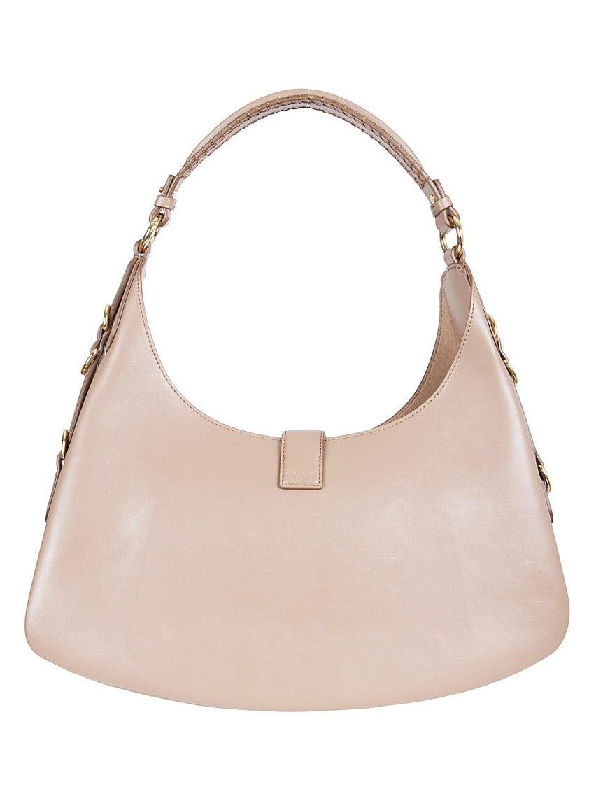 Ganni Curved Brown Handbag With Gold-Tone Accents