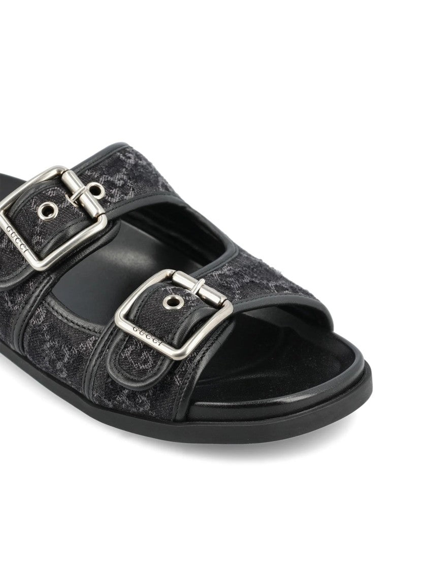 Gucci Black Rhein Slide Gg Denim Sandals