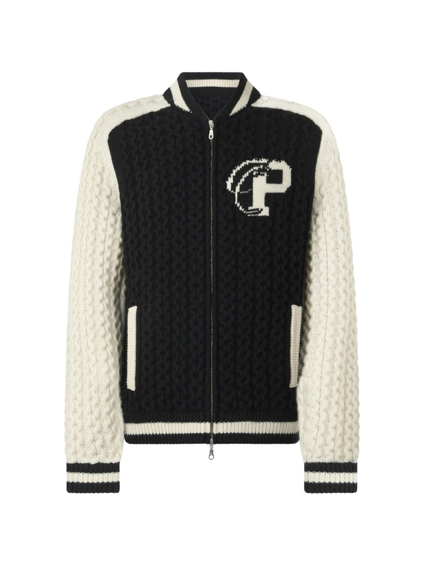 Philipp Plein Wool Blend Knitted Bomber Cable-Knit Wool-Blend Jacket