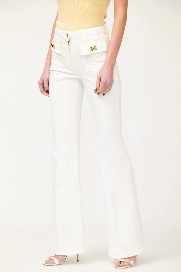 Elisabetta Franchi White Flap Pocket Gold Bow Accent Cotton Wide-Leg Jeans