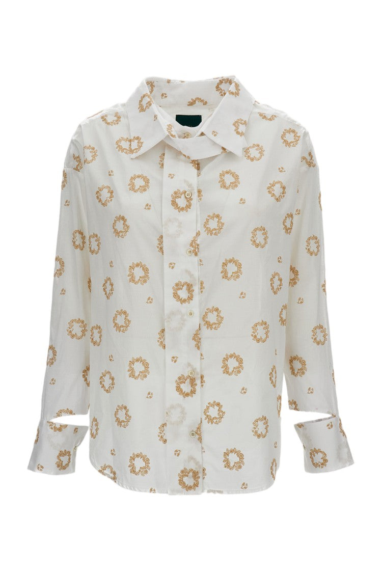 Jejia White Cotton Shirt With Floral Embroidery And Unique Cut-Out Cuffs