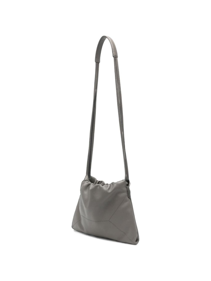 Brunello Cucinelli Ruched Edge Grey Leather Shoulder Bag
